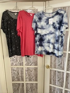 Lot 3 Lularoe Olive Tulip Sleeve Tops 3XL Black Print Coral Solid Blue Tie Dye - Picture 1 of 5
