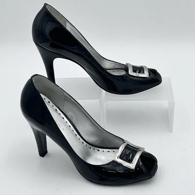 90-е BCBGirls черные запатентованные туфли на каблуке с открытым носком с пряжкой 8,5B деталь 4,5 дюйма высокий каблук Y2K - Изображение 1 из 4