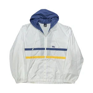 Vintage Jantzen Jacket Mens Large White Blue Hooded Windbreaker USA 80s Stripe - Picture 1 of 9