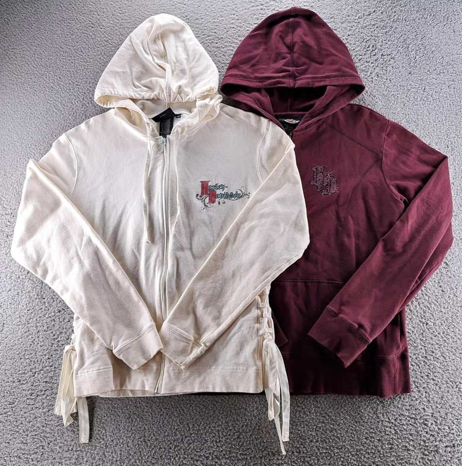 LOT OF 2 Harley Davidson Hoodies Womens 1W & Large Red Cream Side Lace Biker HD - Image 1 of 4
