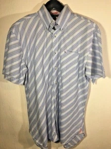 TOMMY HILFIGER Button Front Shirt Men L Light Blue White stripe 100% Cotton - Picture 1 of 12