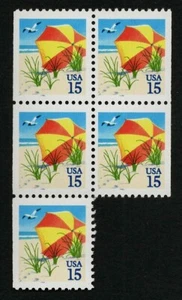 US 1990 #2443 Beach Umbrella 15c Partial Booklet Pane of 5 Mint NH MNH - Picture 1 of 2