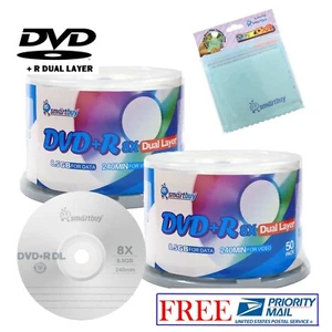 100 Smartbuy DVD+R DL 8X 8.5GB Dual Layer Logo Blank Disc+FREE Micro Fiber Cloth - Picture 1 of 4