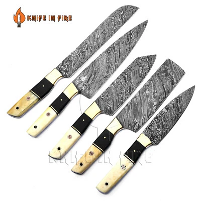 Custom Hand Forged Damascus Steel Chef Knife Set 5 Kitchen Knives - with sheath - Image 1 of 4