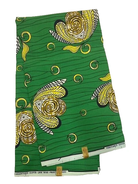 African Fabric Print 6 Yards Poly-cotton Ankara Green and Yellow Butterfly - Image 1 of 4