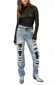 Free People McCoy Destroyed Straight Leg Jeans in Tattered Blue Size 24 - Picture 1 of 6