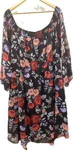 City Chic Plus Size L / 20 Dress Knee Length Sheer Lined Black Print Tie Waist - Picture 1 of 13