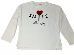 Zara Kids Girls 10 White Long Sleeve Smile All Day Heart Lollipop Applique Shirt - Picture 1 of 6