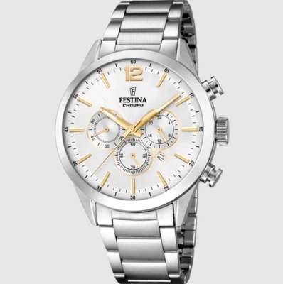 Orologio Festina Uomo Acciaio Cinturino e Quadrante Argentato Crono _F20343-1 - Immagine 1 di 3