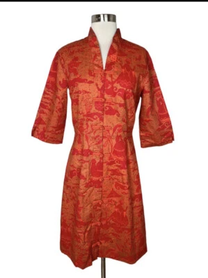 Vintage 60s Alfred Shaheen Dress M Orange Red Gold Asian Storybook Mandarin - Image 1 of 4