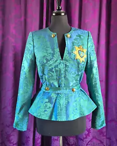 Turquoise Damask Custom Made Peplum Top with Embroidered Crest - Picture 1 of 13
