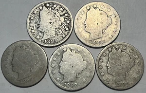 1884, 1888, 1889, 1892, &1895 WORN Liberty V Nickels Better Dates Old US Coins - Picture 1 of 12