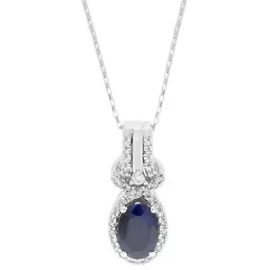 1 Oval Sapphire 10K White Gold Classic Pendant with Round Diamond - 18 Inch Box - Picture 1 of 7