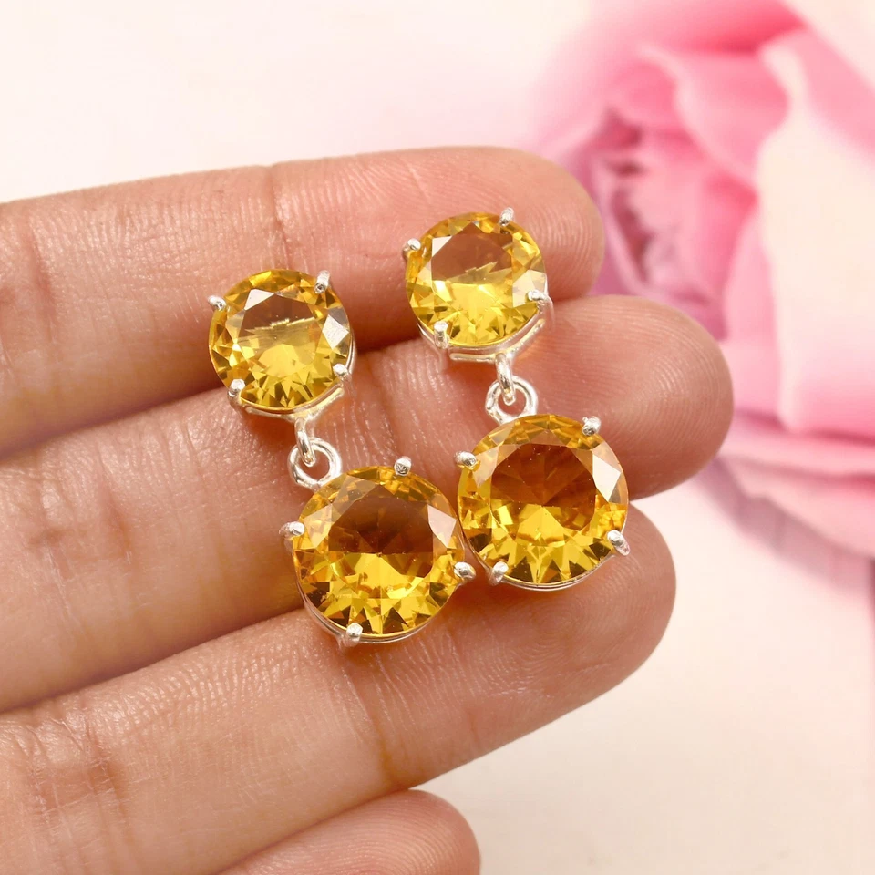 Pendientes redondos de cuarzo citrino amarillo piedras preciosas enchapados en plata delicadas joyas Foto 1 de 3