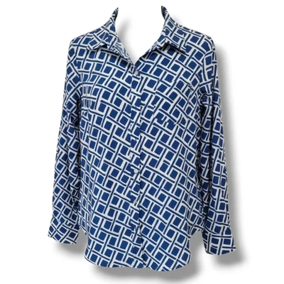Женская блузка на пуговицах Merona сине-белая с геометрическим узором - XS - Изображение 1 из 4