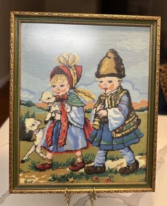Vintage Hand-Stitched Needlepoint Tapestry Framed Wall Art Children with Lambs - Picture 1 of 22