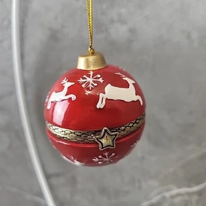 Ornament Trinket Box Porcelain Hinged Christmas Ball Red & White Reindeer VGUC - Picture 1 of 9