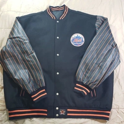 MLB New York Mets Reversible JH Varsity Bomber Jacket  Leather & Black Nylon 6XL - Image 1 of 4