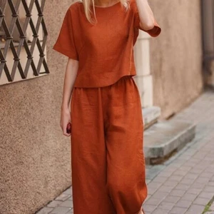 Women's Cotton and Linen Casual Plus Loose Solid Color Shirt, Wide Leg Pants Set - Picture 1 of 37