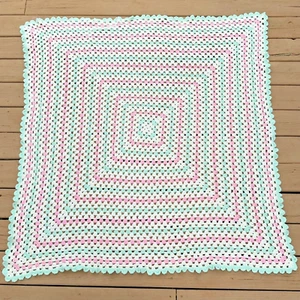 Hand Crocheted Baby Blanket 56" Square Scalloped Pastels Pink Green Ivory - Picture 1 of 6