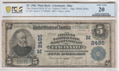 $5 1902 National Currency, Citizens National Bank & Trust, Cincinnati, OH  VF 20 - Image 1 of 2