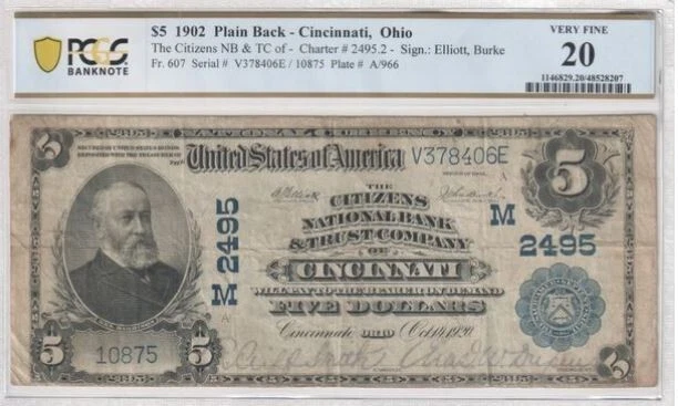$5 1902 National Currency, Citizens National Bank & Trust, Cincinnati, OH  VF 20 - Image 1 of 2
