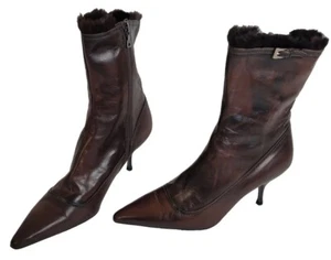 PRADA Brown Leather Zip Heel Booties with Soft inside Fur EU Sz 36, US 6, Italy - Picture 1 of 17