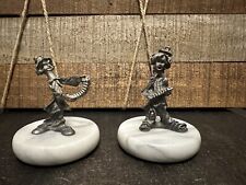 2 Pewter Minstrel Clown Figurines On Marble Base Musician Accordions