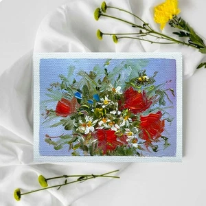 ACEO Original oil painting Art Cards Wildflowers Poppies #10 mini art 2.5x3.5 in - Picture 1 of 4