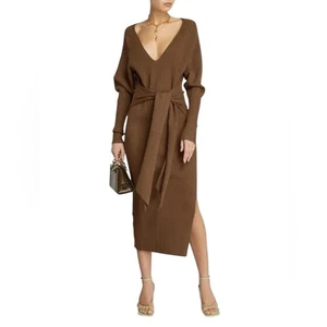 Good American Long Sleeve Midi Dress Belted Body Con Ribbed Knit Womens Sm/Med - Picture 1 of 13