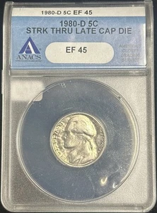 1980 D Jefferson Nickel ERROR Struck Through Late Cap Die ANACS EF45 - JP68 - Picture 1 of 3