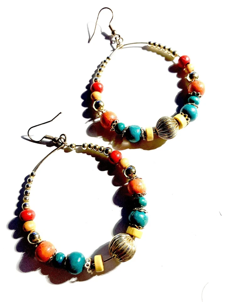 Pendientes de aro circulares vintage años 90 Boho con cuentas de madera Foto 1 de 1