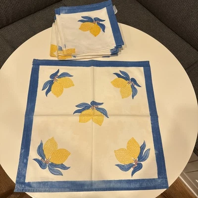 Set Of 12 Couleur Nature Lemon Napkins 19" x 19" Yellow Blue Cotton, Gently Used - Image 1 of 4