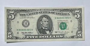 U.S. - Series 1995 $5.00 Federal Reserve Note (88880365 Serial Numbers) - Nice - Picture 1 of 2