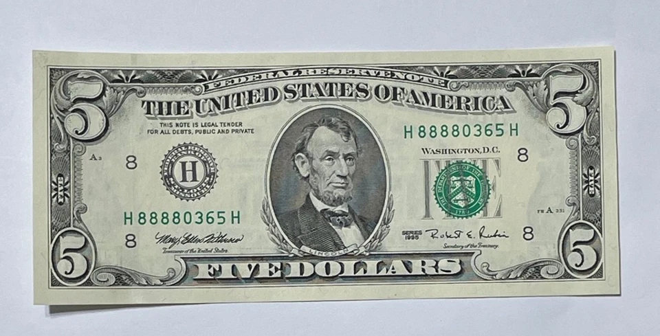 U.S. - Series 1995 $5.00 Federal Reserve Note (88880365 Serial Numbers) - Nice - Image 1 of 2