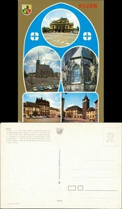 Postcard Pilsen Plzeň Goldhintergrund, Markt, Kirche, Autos 1974 - Picture 1 of 3