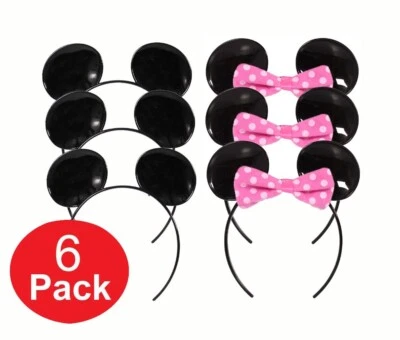 6x Diadema Mickey Mouse, Orejas de Minnie Negra, Rosa Lazo Niños Niñas Fiesta de Cumpleaños Foto 1 de 4