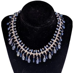 Beautiful Blue Rhinestone Beaded Silver Tone Regal Statement Style Necklace - Picture 1 of 8