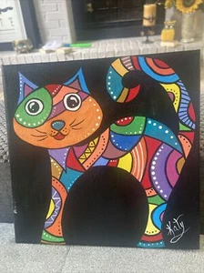 MCM Cat Painting Original Art I’m The Style Of Laurel Burch Signed Katy - Picture 1 of 5