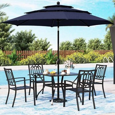 6PCS Patio Furniture Set with Patio Umbrella Outdoor Stackable Chairs Dining Set - Image 1 of 3