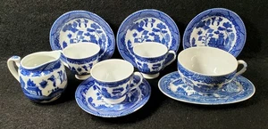 Maruta Occupied Japan  Childs Blue Willow: 3 Cups, 4 Saucers, Creamer & platter - Picture 1 of 24