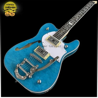 Guitarra Eléctrica Azul Semi Hueca ZWTL Acolchada Tapa de Arce Puente Jazz Incrustación de Flores Foto 1 de 4