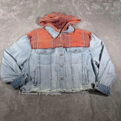Free People Baja Denim Jacket Womens Medium Blue Hooded Trucker Raw Hem Beach - Image 1 of 4