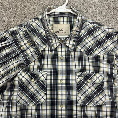 Camisa Hollister Para Hombres XL Gris Blanco A Cuadros Manga Larga Abotonada Perla A Presión AGUJERO Foto 1 de 4