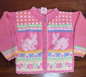 Vintage Easter Bunny Cardigan Sweater Kids 6/6X Pink Knit Spring Floral Pastel - Picture 1 of 13