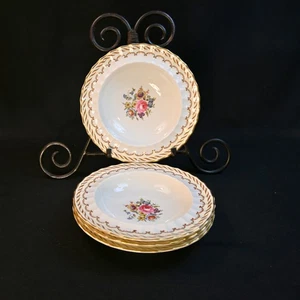 Royal Worcester 4 Rimmed Fruit Bowls 6 1/2" Kempsey Floral Center Gold 1944-1955 - Picture 1 of 14