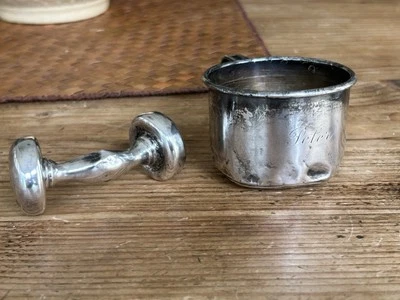 1940's Sterling 25g Baby Rattle and International 48g silver sterling baby cup - Image 1 of 4