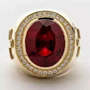 3Ct Oval Cut Lab Created Red Ruby Men's Cross Bishop Ring 14K Yellow Gold Plated - Picture 1 of 5