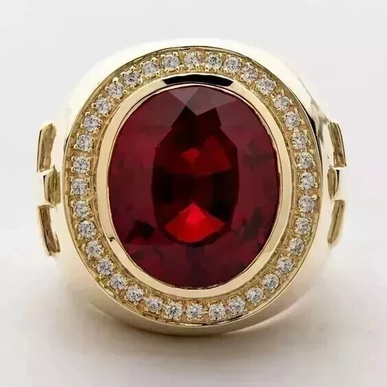 3Ct Oval Cut Lab Created Red Ruby Men's Cross Bishop Ring 14K Yellow Gold Plated - Image 1 of 4