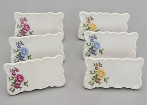 6 Vtg Shafford Porcelain Menu Place Holder Pink Blue Yellow Rose Floral Pattern - Picture 1 of 6